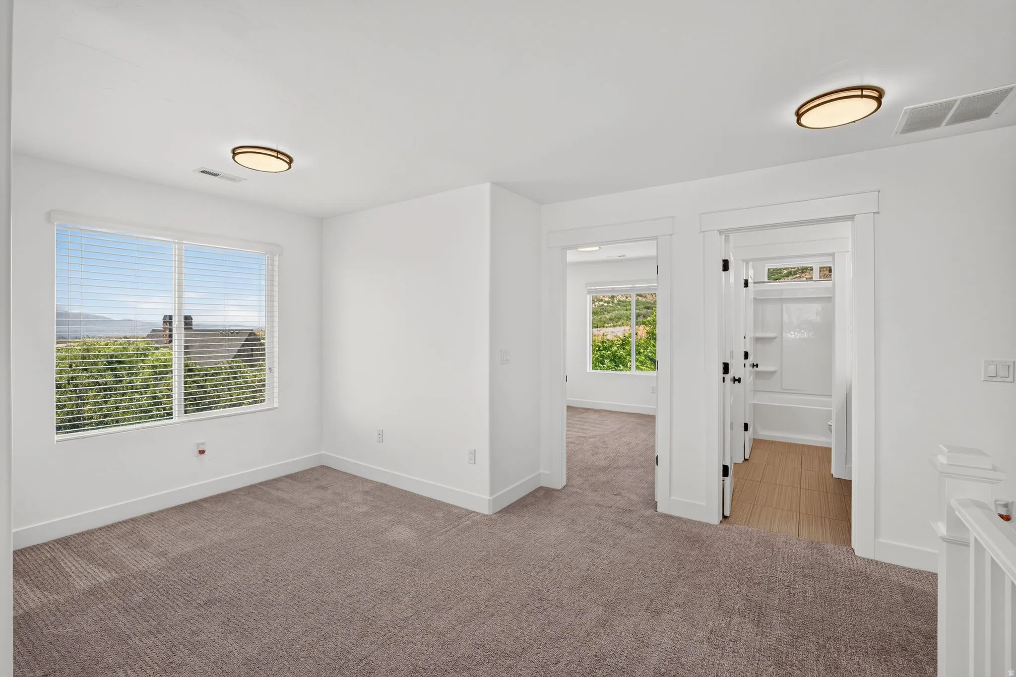 Carpeted room with a large window, white walls, and contemporary ceiling light fixtures