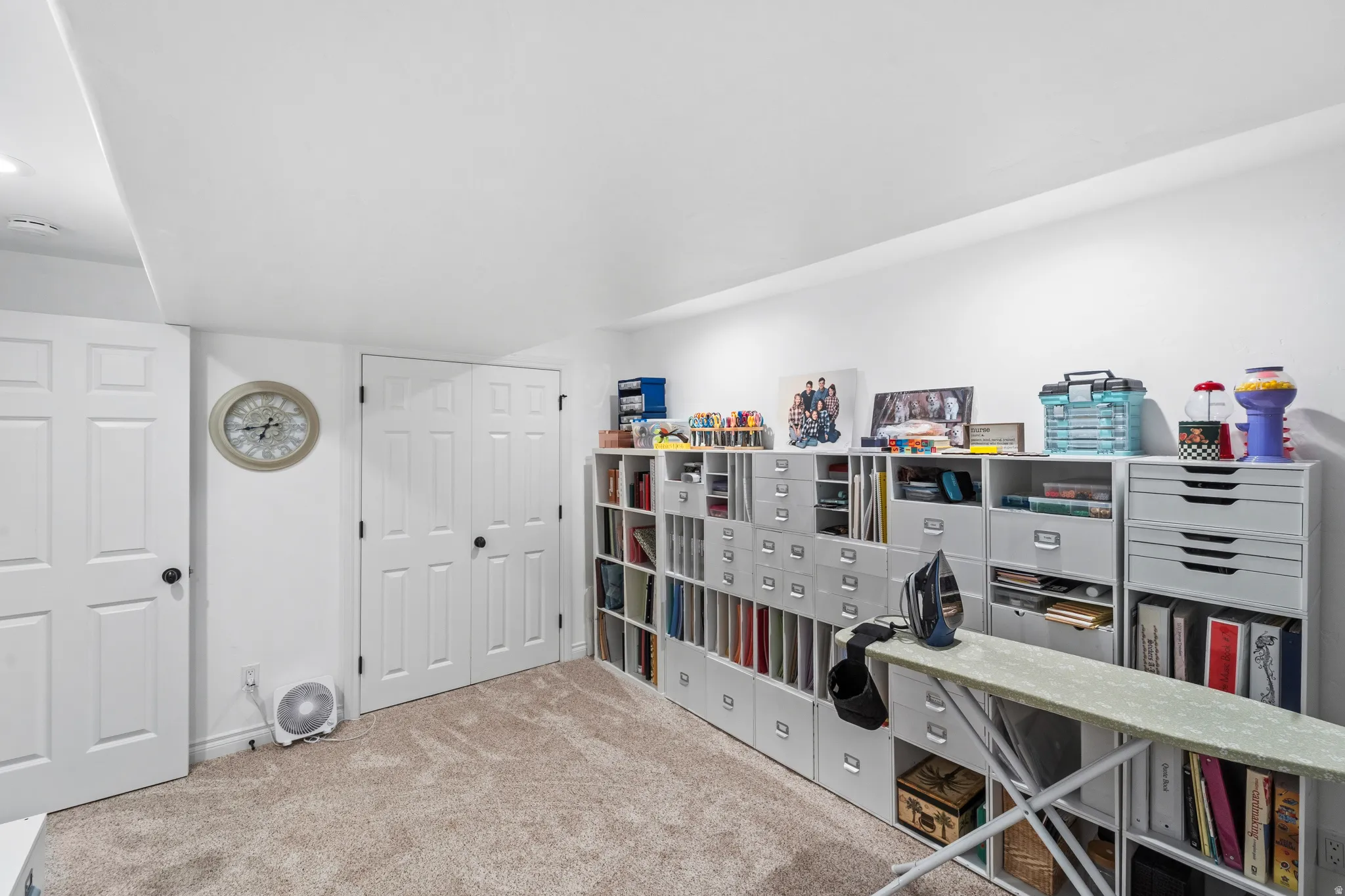 Room featuring neutral carpeting, white painted walls, and extensive built-in modular shelving