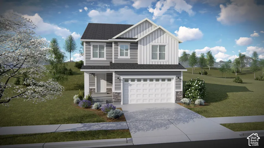 Two-story residence featuring gray horizontal siding and vertical white accents