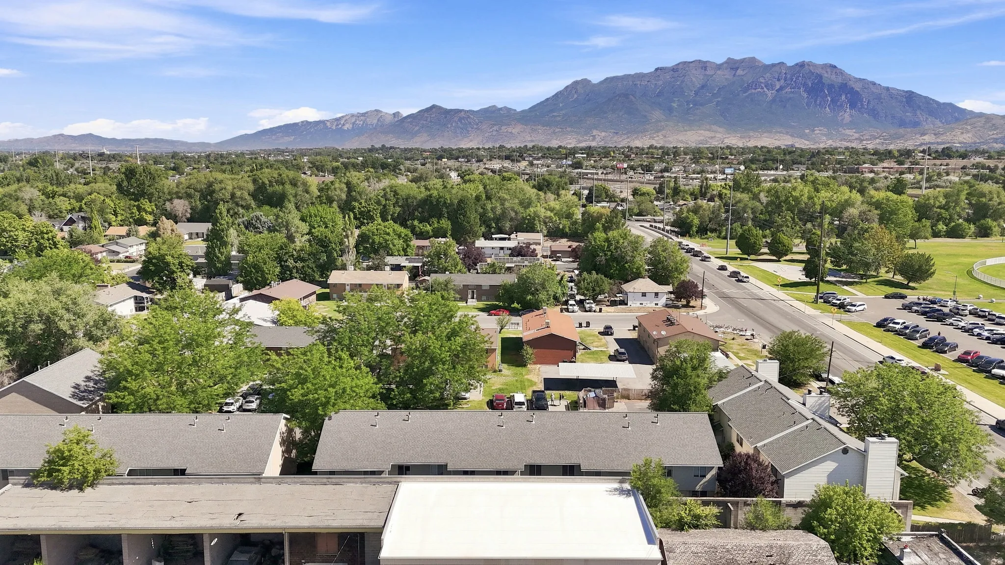 Expansive residential area with abundant mature trees and distant mountain ranges
