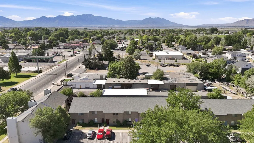 Expansive aerial perspective showcasing a townscape with verdant trees and distant mountains