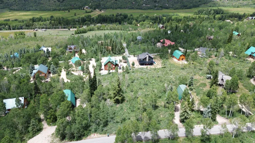 Expansive treed landscape featuring multiple residential structures with diverse architectural styles, including log cabin and contemporary designs