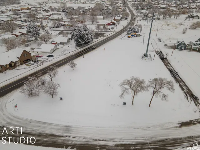 Expansive snow-covered land parcel, featuring mature trees and a curved road frontage