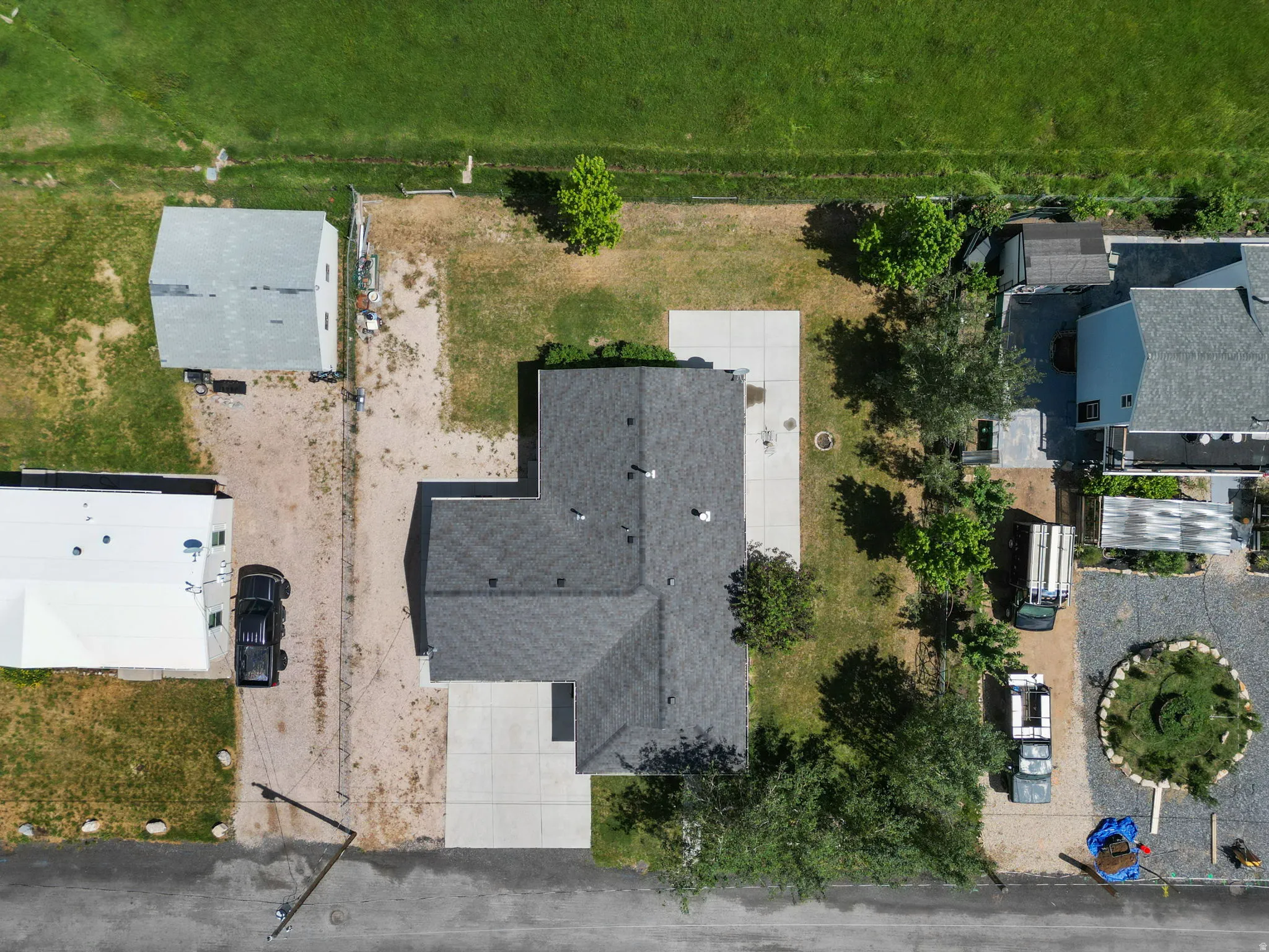 Asphalt shingle roofline with multiple gables