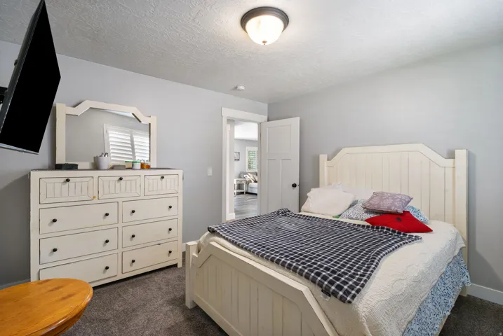 Carpeted bedroom with neutral wall tones and a white paneled door