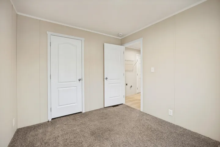 Carpeted interior space featuring light-toned walls and two white panel doors