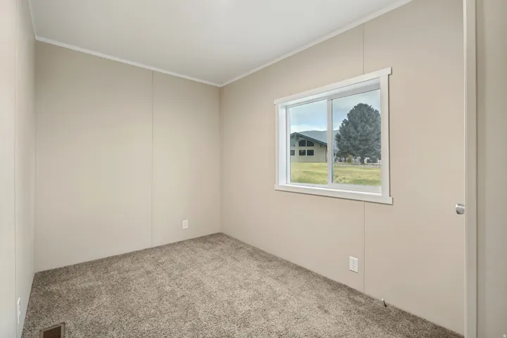 Window with white trim framing distant mountains and a mature tree, complemented by neutral wall paneling and textured carpeting