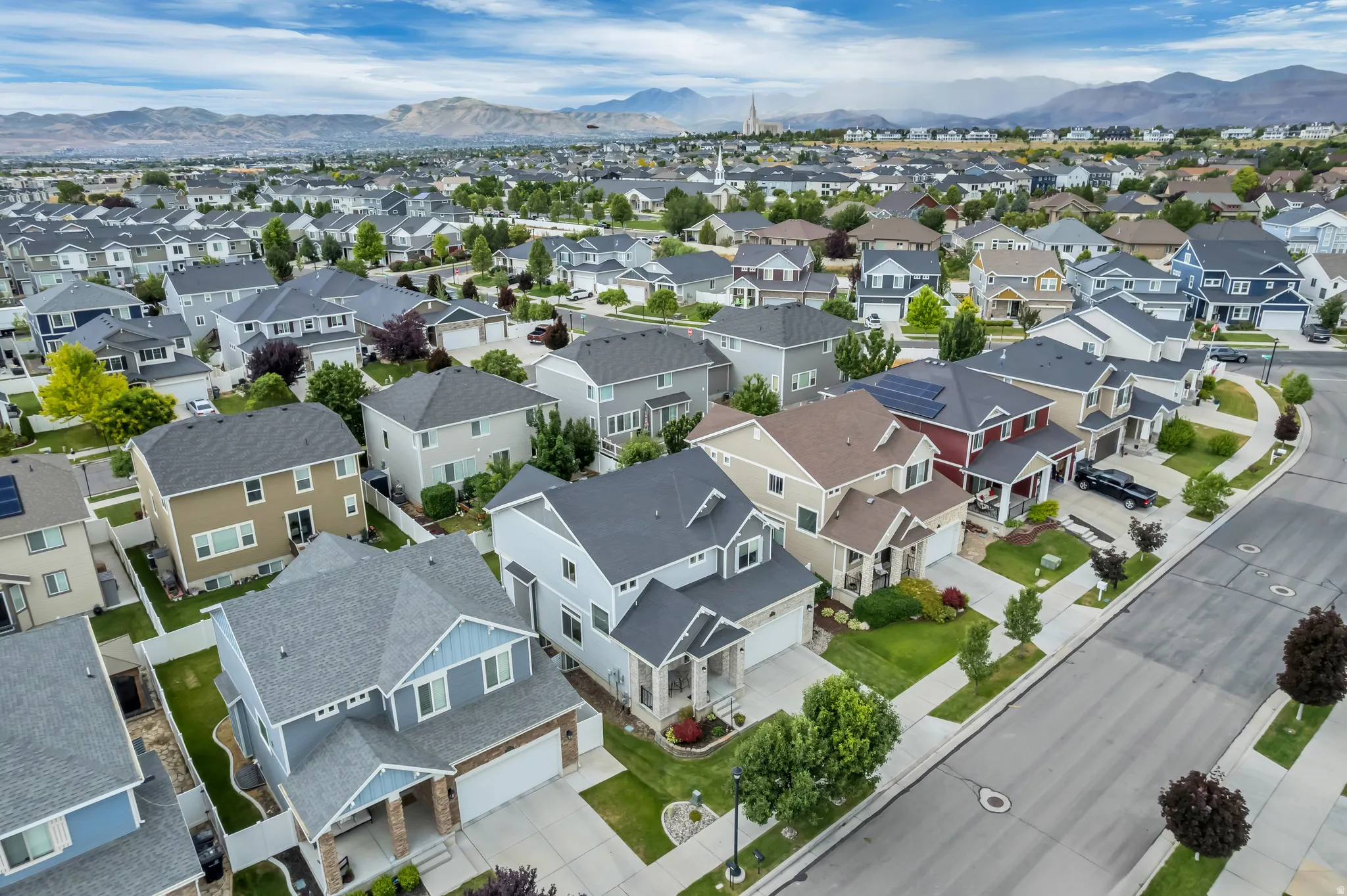 Aerial neighborhood perspective showcasing a collection of modern residential properties