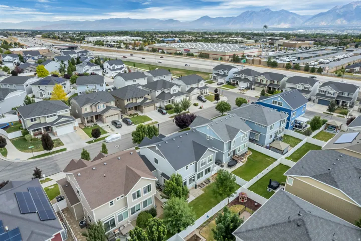 Aerial perspective of a residential community with varied architectural styles