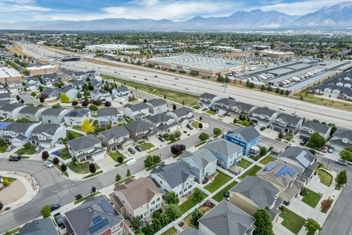 Aerial perspective showcasing a residential development with varied architectural styles