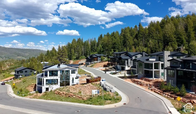 Modern hillside development with paved roadways, mature tree lines, and terraced landscaping