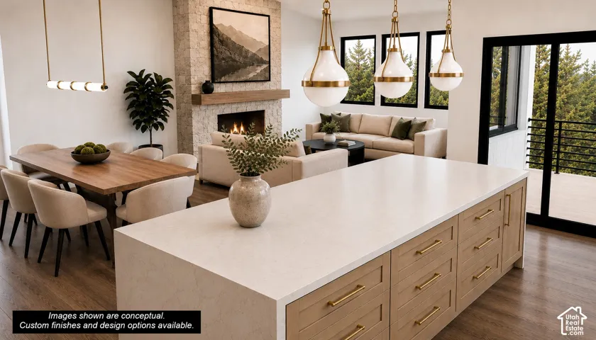 Open-concept interior featuring an expansive kitchen island with a light-toned countertop and wood-finish cabinetry