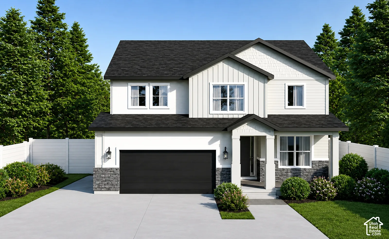 Contemporary home with a dark shingle roof, white siding, and a stone facade accent
