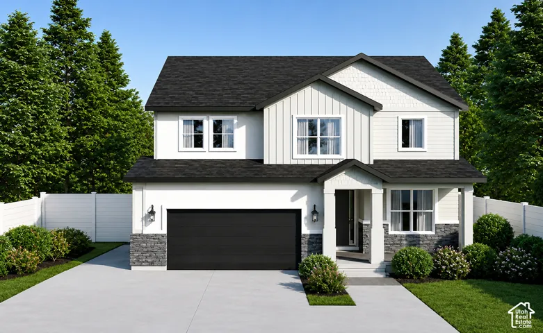 Contemporary home with a dark shingle roof, white siding, and a stone facade accent