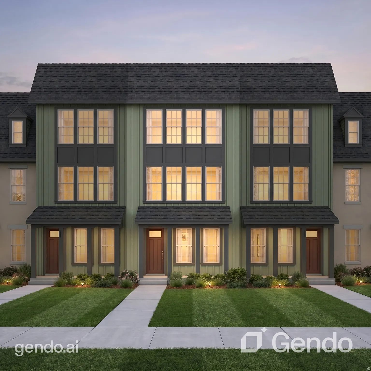 Contemporary townhome exterior featuring light green siding and dark gray trim