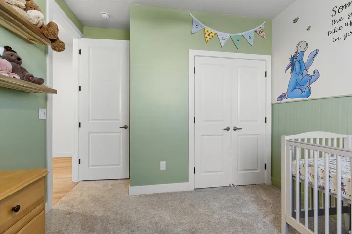 Neutral tone wall paint with a beadboard accent, double panel doors, and gray carpet flooring