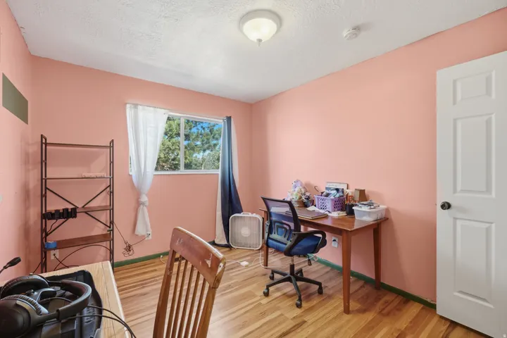 Room with wood-finish flooring, a window offering natural light, and a white paneled door