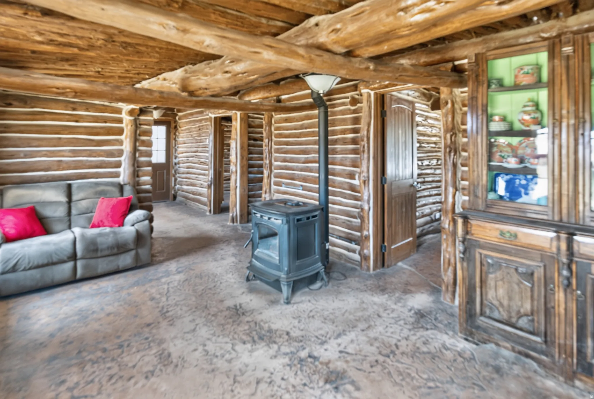 cabin family room with pellet stove