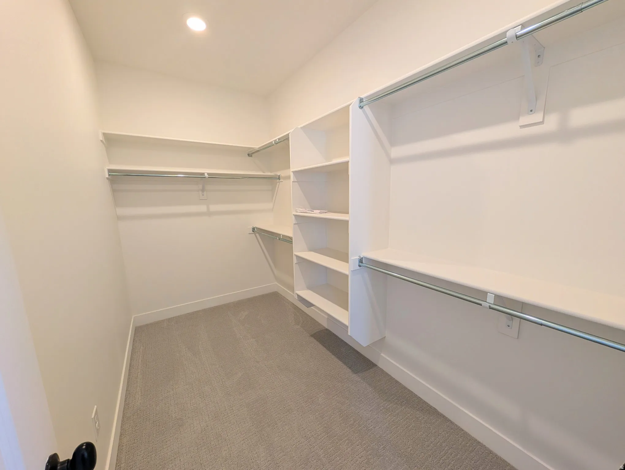 Recessed ceiling lighting, built-in shelving, hanging rods, and light-colored carpeting
