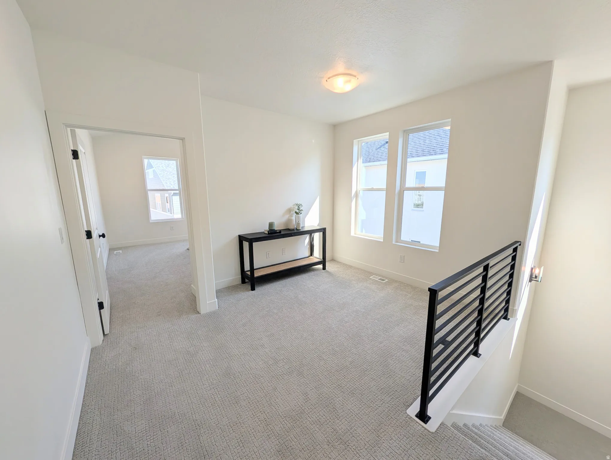 Carpeted landing area featuring two windows, a flush-mount ceiling light, and a modern black metal railing