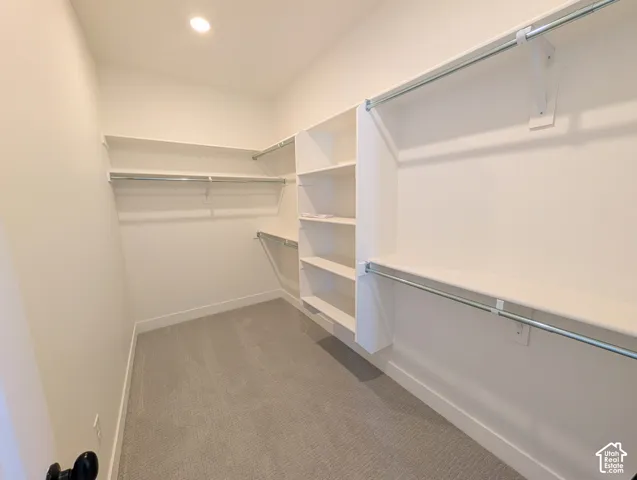 Recessed ceiling lighting, built-in shelving, hanging rods, and light-colored carpeting