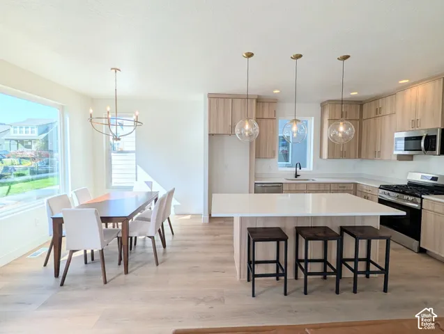 Open-concept living area featuring wood-finish flooring, a contemporary kitchen island with a light-toned countertop, and stainless steel appliances