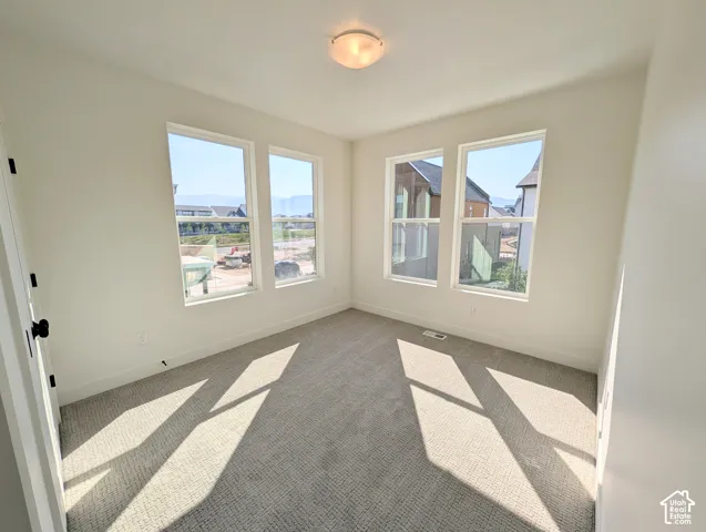 Light-filled room featuring five large windows, neutral-toned carpet, and a ceiling-mounted light fixture