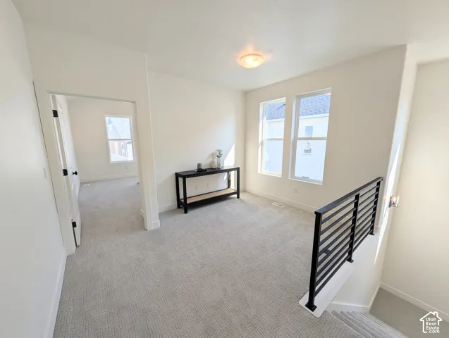 Carpeted landing area featuring two windows, a flush-mount ceiling light, and a modern black metal railing