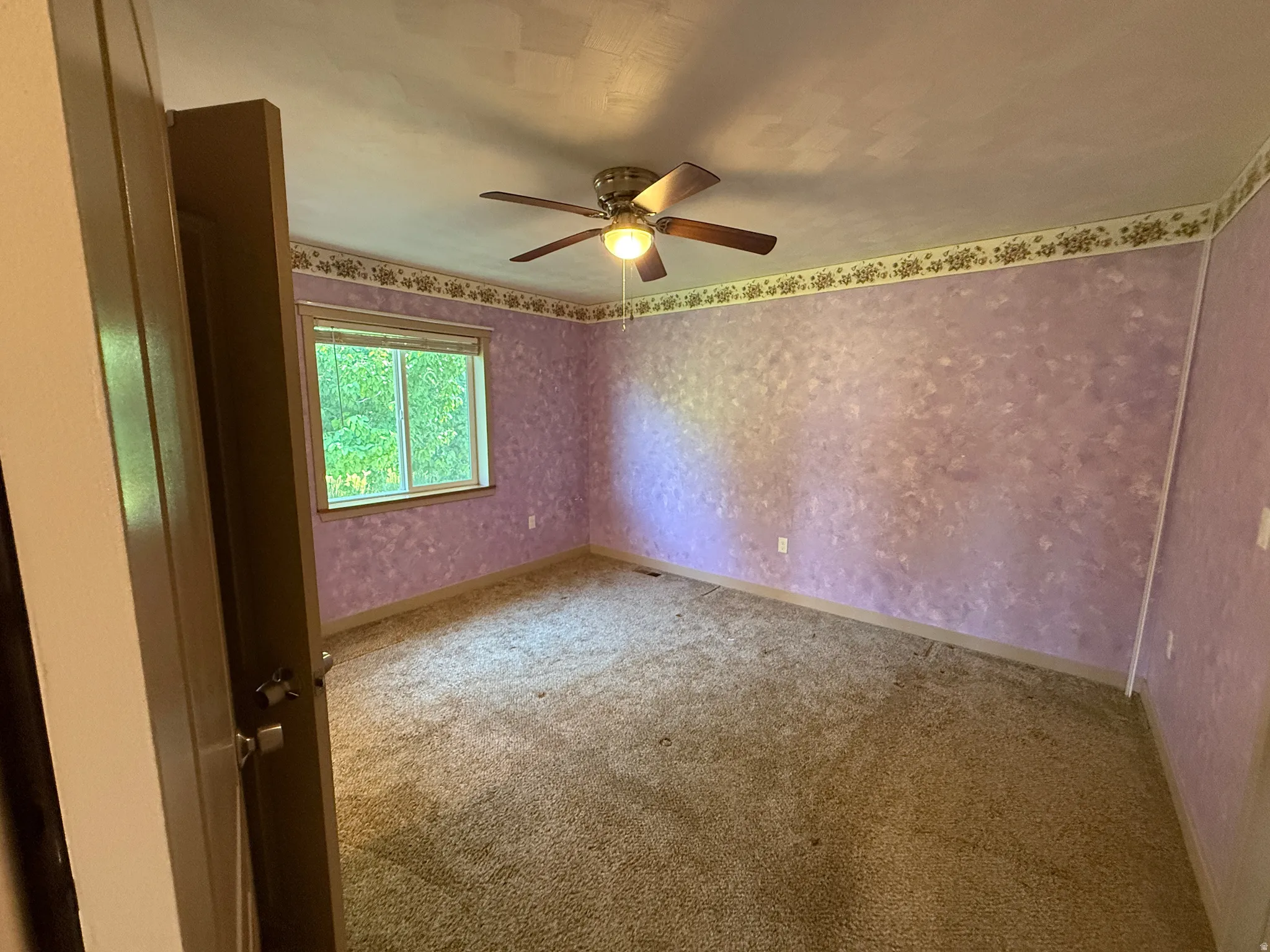 Room featuring textured purple walls, carpet flooring, and a ceiling fan with integrated lighting