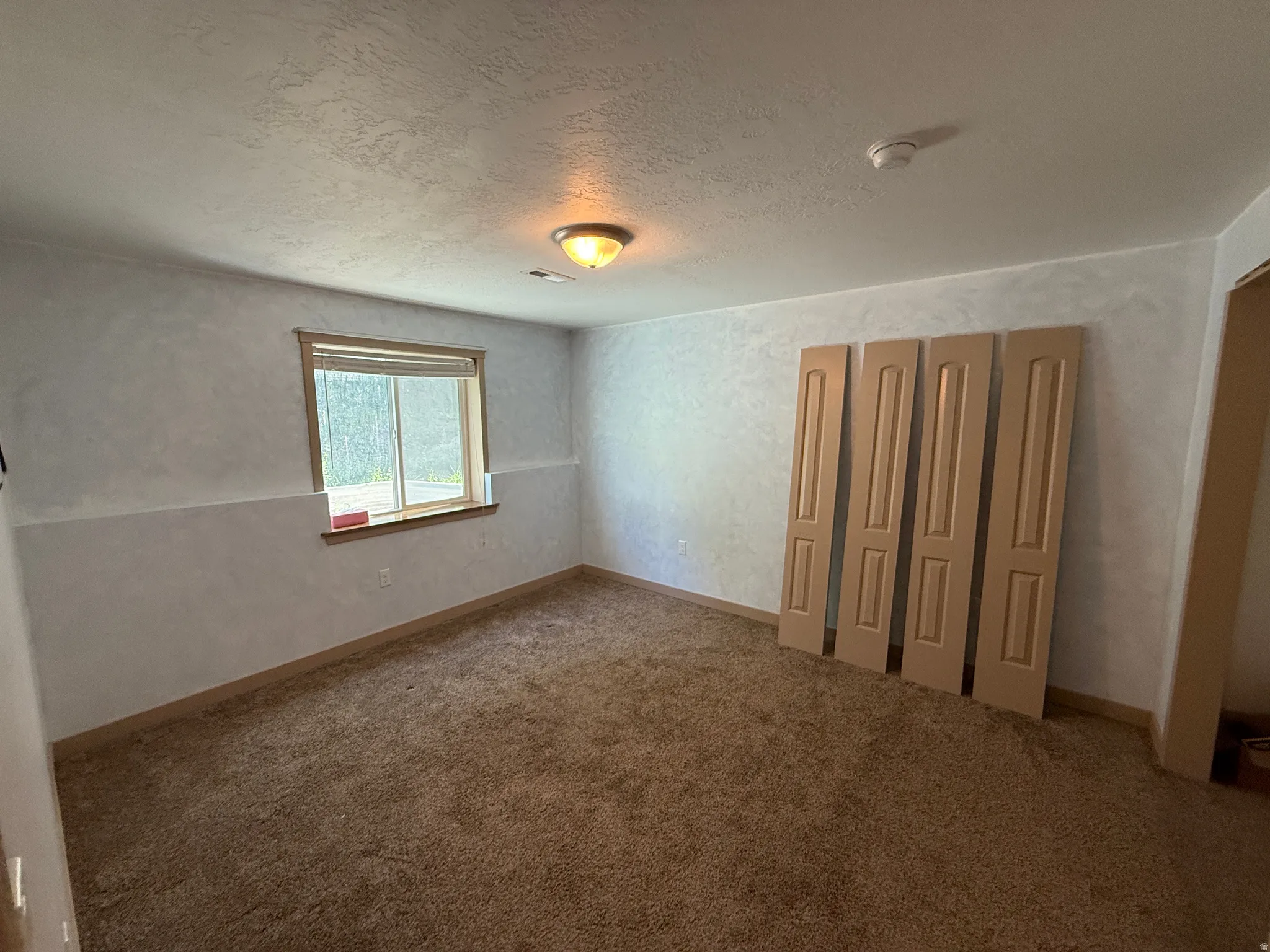 Carpeted room featuring a window with wood trim, textured walls, and a ceiling light fixture