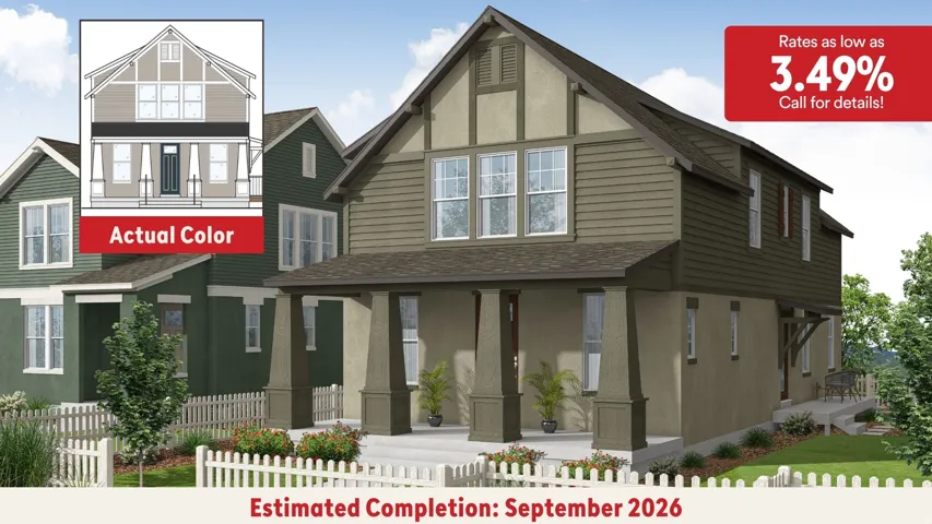 Property Marketing Material. Displaying an architectural rendering of the property, a color swatch, and financial incentive details with an estimated completion date
