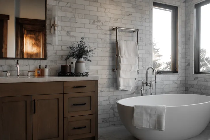 Freestanding soaking tub with floor-mounted faucet, complemented by a wood-finish vanity with a light-toned countertop and dual windows