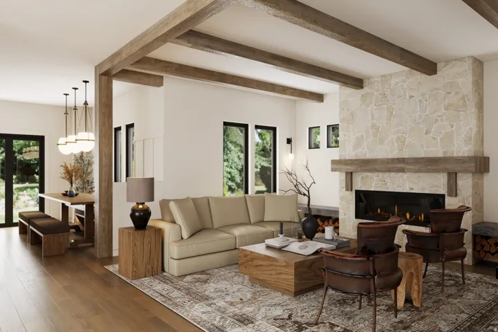 Living area featuring exposed wood beams and wood-finish flooring