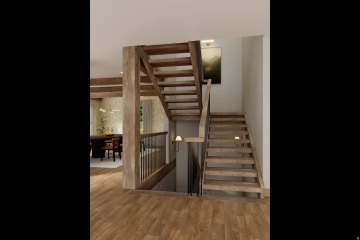 Wood-finish flooring throughout, exposed wood beams, and an open riser staircase with a modern railing