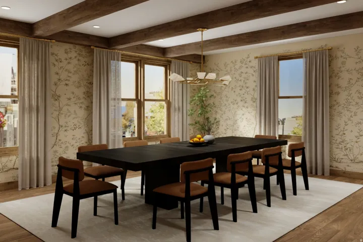 Wood-finish flooring, exposed wood ceiling beams, and recessed lighting