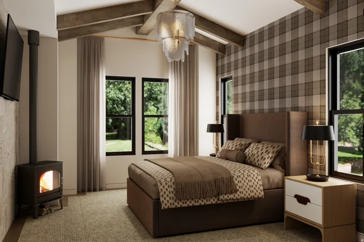 Vaulted ceiling with exposed wood beams, wood-burning stove, plaid accent wall, multiple windows with dark trim, and a textured area rug
