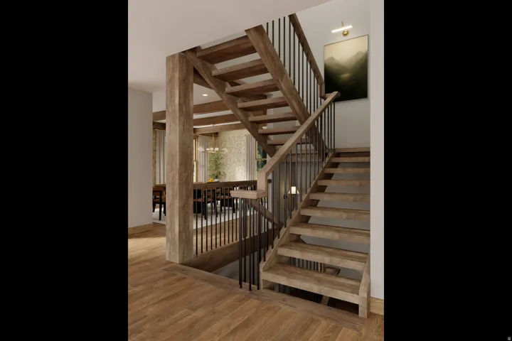 Open staircase featuring wood treads, black metal balusters, and wood-finish flooring