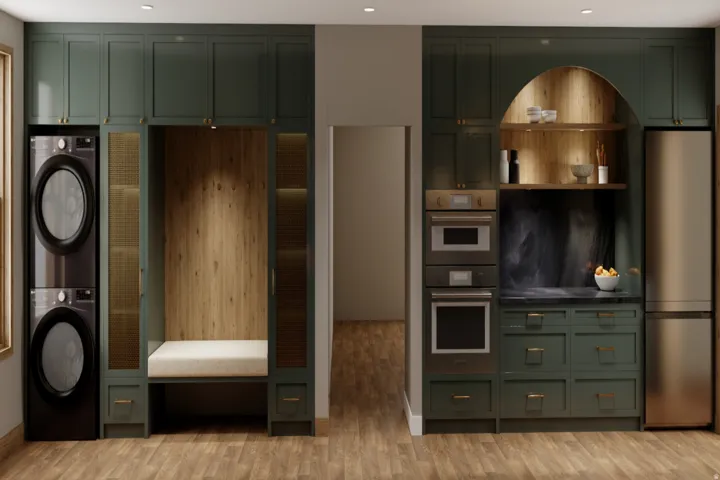 Integrated laundry appliances, built-in mudroom bench with wood-finish paneling, custom cabinetry with brass hardware, stainless steel built-in oven and microwave, and a stainless steel refrigerator