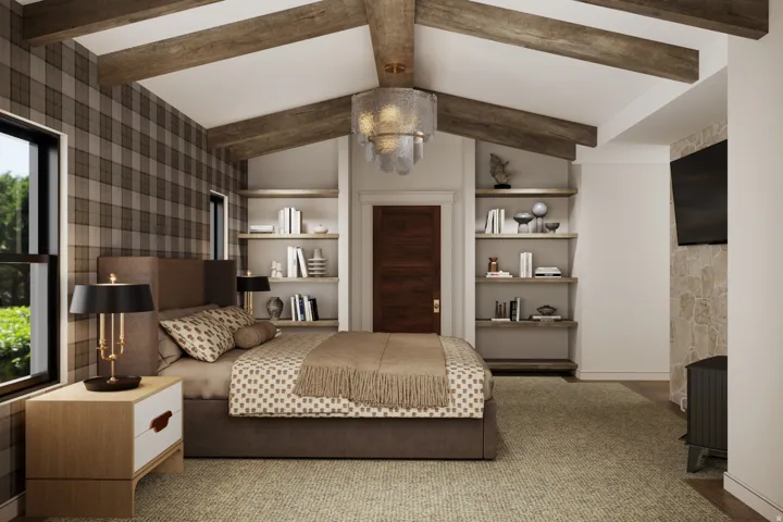 Vaulted ceiling with exposed wood beams, built-in shelving, stone fireplace surround, and wood-finish door