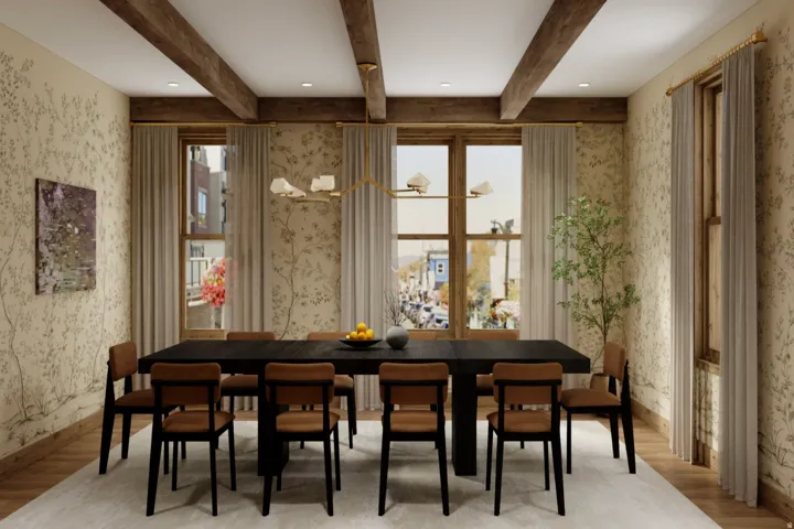 Exposed ceiling beams, recessed lighting, and wood-frame windows