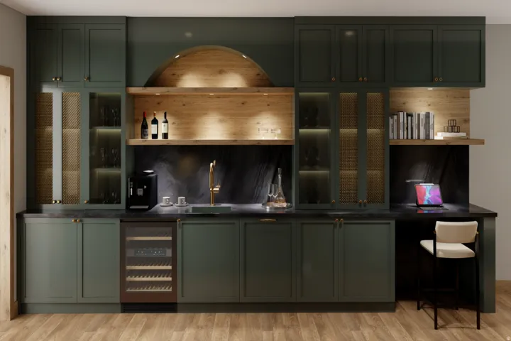 Built-in cabinetry with a deep green finish, integrated wine refrigerator, and a gold-tone faucet