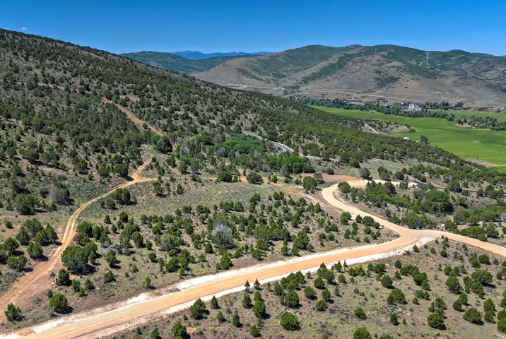 Expansive natural landscape featuring rolling hills, abundant green foliage, and winding unpaved roads