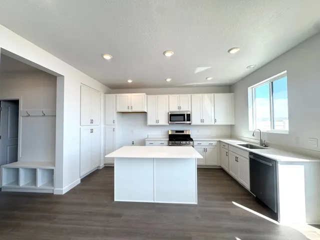 Modern kitchen featuring white cabinetry, a central island, stainless steel appliances, and wood-finish flooring