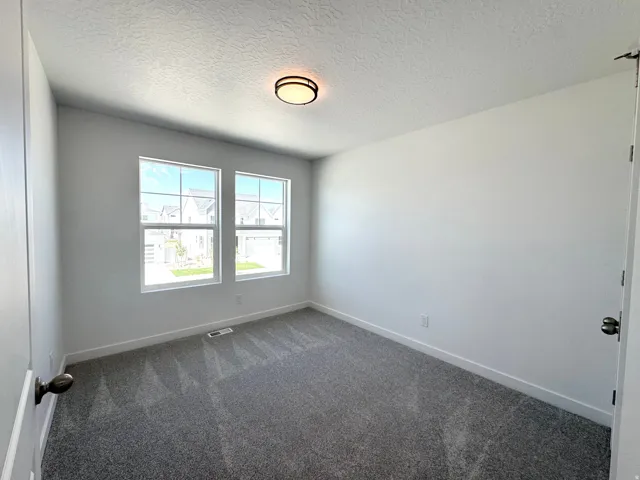 Room featuring two large windows with white trim, gray carpet, white walls, and a contemporary flush-mount ceiling light