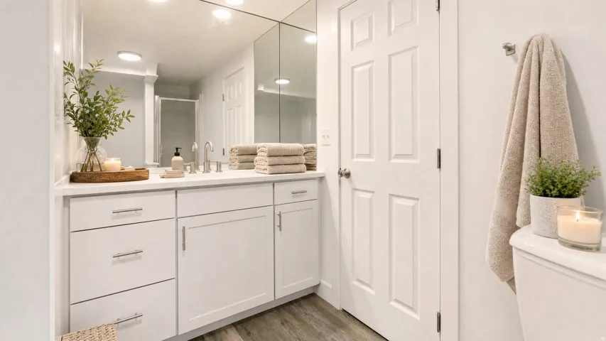 Bathroom vanity featuring white cabinetry with brushed nickel hardware, a white countertop, and a full-wall mirror