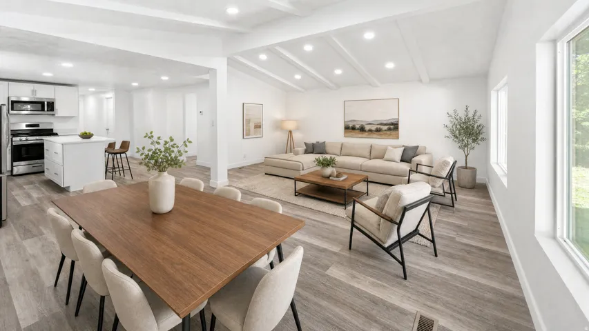 Bright interior featuring wood-finish flooring, recessed lighting, and a kitchen with stainless steel appliances