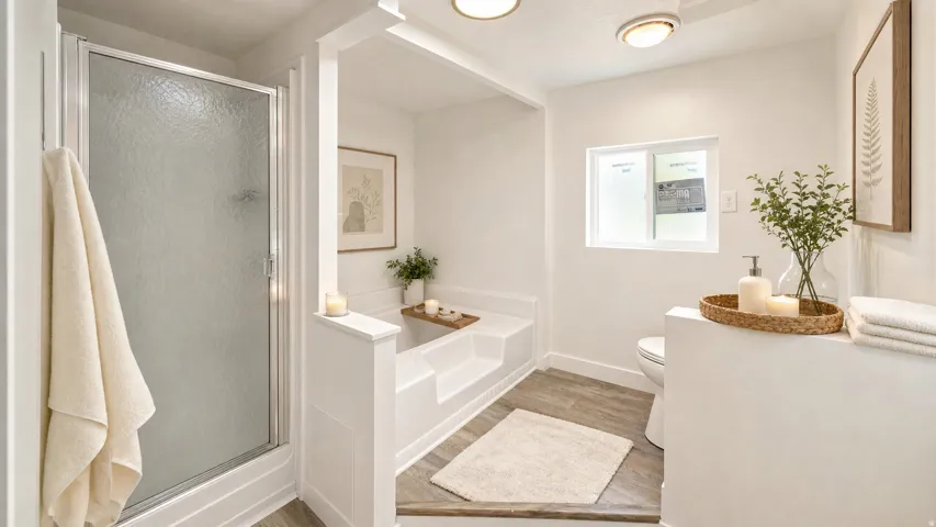 Bathroom featuring a built-in shower with frosted glass enclosure, an integrated soaking tub, wood-finish flooring, a toilet, and a window