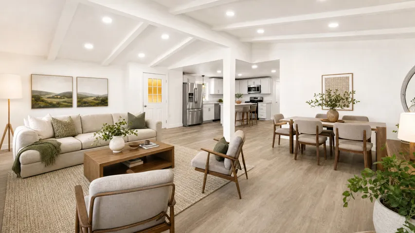 Open-concept living and dining area featuring wood-finish flooring, recessed lighting, and exposed ceiling beams