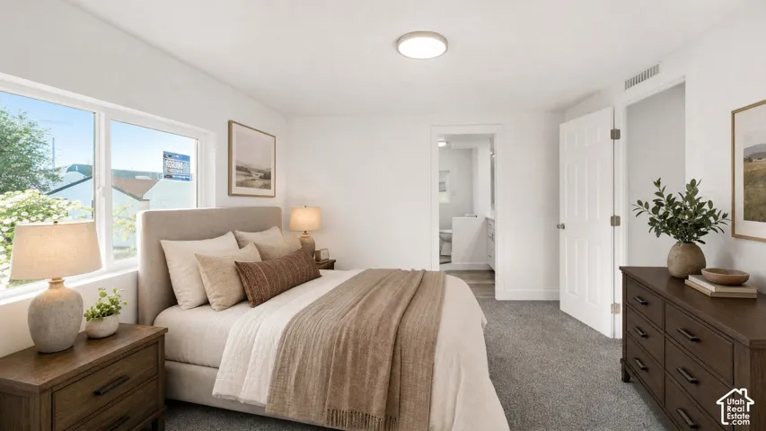 Bright bedroom featuring a large window, plush gray carpeting, a flat panel ceiling light, and an open doorway to an adjacent bathroom