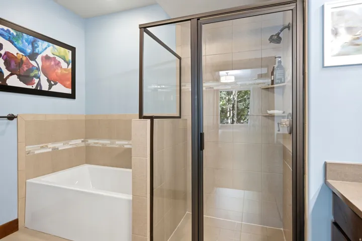 Glass-enclosed shower with tiled walls, built-in shelving, and a rain showerhead
